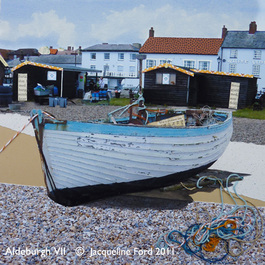 Aldeburgh VII - mixed media collage of a boat on the beach by Jacqueline Ford