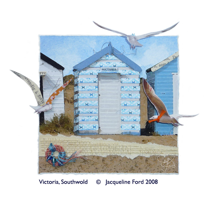 Victoria, Southwold - Mixed media collage of one of the Royal Huts on the beach by Jacqueline Ford