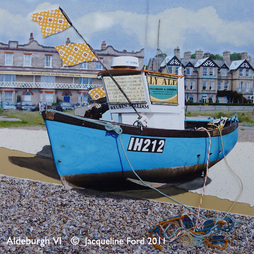 Aldeburgh VI - mixed media collage of a boat on the beach at Aldeburgh by Jacqueline Ford