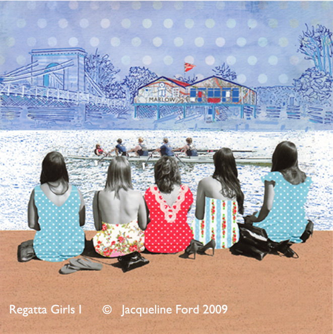 Regatta Girls I - digital and mixed media collage of girls watchin rowers on the Thames at Marlow by Jacqueline Ford