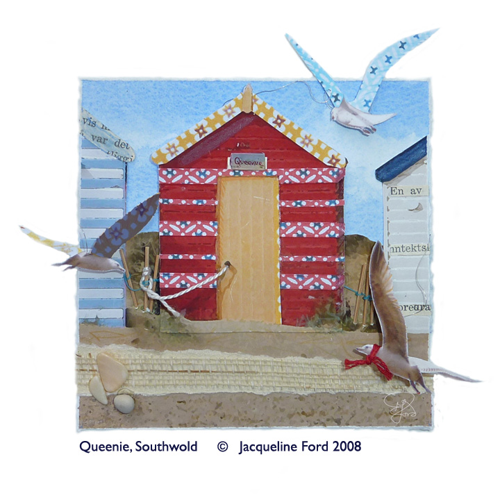 Queenie, Southwold - Mixed media collage of one of the Royal Huts on the beach by Jacqueline Ford
