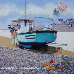 Aldeburgh V - mixed media collage of a boat on the beach by Jacqueline Ford