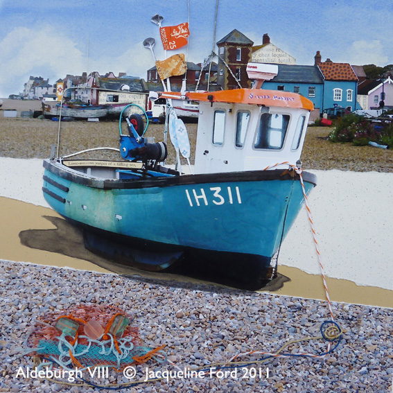 Aldeburgh VIII - mixed media collage of a boat on the beach by Jacqueline Ford