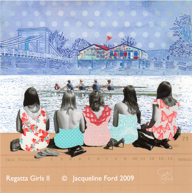 Regatta Girls II - digital and mixed media collage of girls watchin rowers on the Thames at Marlow by Jacqueline Ford